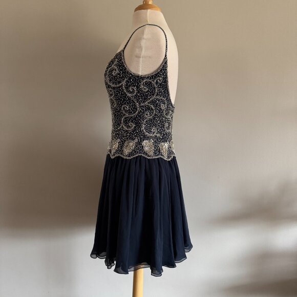 Vintage Oleg Cassini Navy 100% Silk Silver Pearl Beaded Party Dress | Sz 8 - Picture 4 of 14